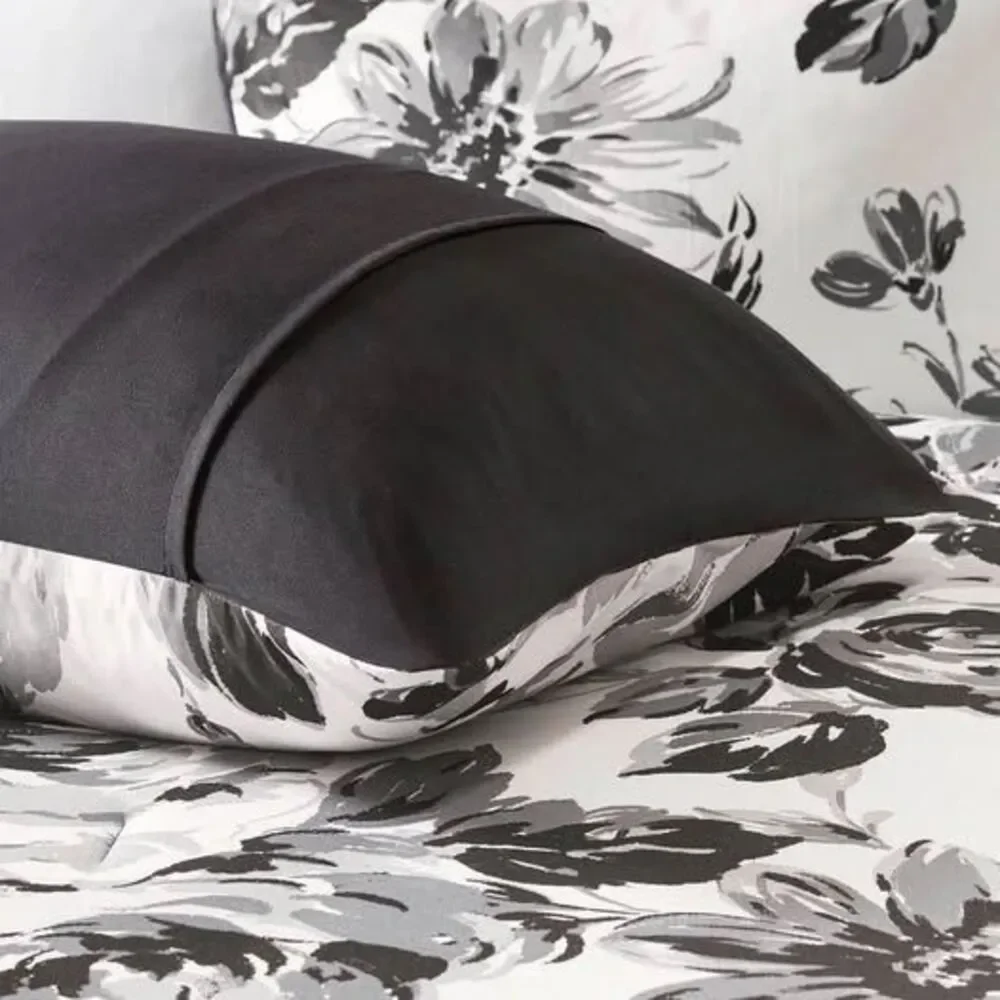 5-Piece Queen/Full Duvet Set Floral Black/White New